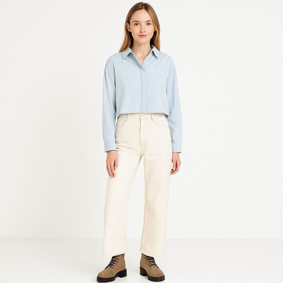 2/$30 ZARA XS Cropped Light Blue Chambray Cotton Linen Relaxed Fit - Picture 1 of 14
